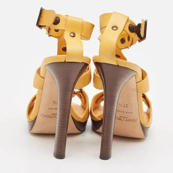 Jimmy Choo Yellow Leather Studded T-Bar Ankle Strap Sandals Size 37.5 - Picture 5 of 7